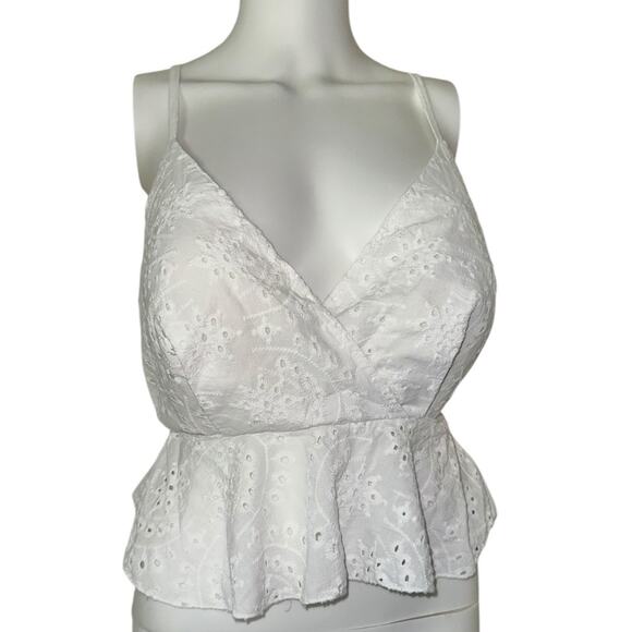 Broderie Anglaise white lacey eyelet plunging neckline cropped tank top large - Picture 1 of 12